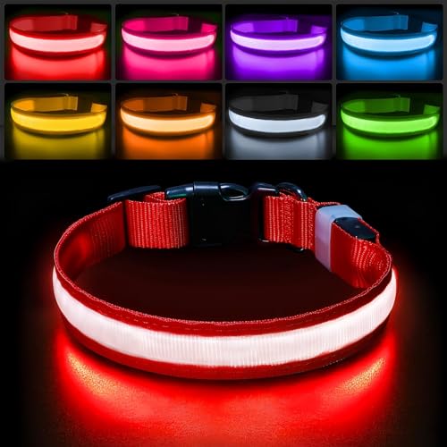 PcEoTllar Leuchthalsband Hund, Hundehalsband Leuchtend Aufladbar mit 7 Farbwechsel - 8 Leuchtmodi, LED Hundehalsband Wasserdicht für Kleine Mittlere Große Hunde Leuchtendes Halsband, Rot-M von PcEoTllar