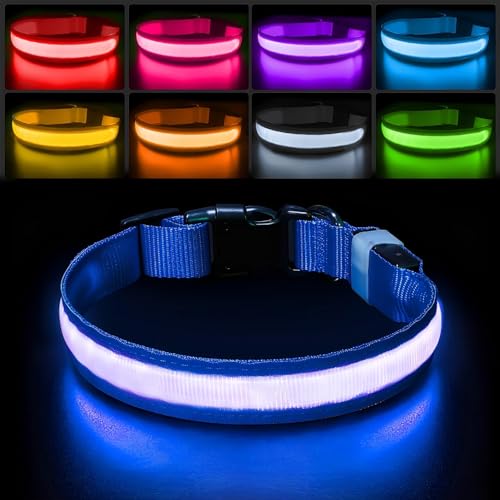 PcEoTllar Leuchthalsband Hund, Leuchtendes Hundehalsband Aufladbar 7 Farben mit 9 Leuchtmodi, LED Halsband für Hunde Wasserdicht, Leuchthalsband für Kleine Mittlere Große Hunde, Blau-L von PcEoTllar