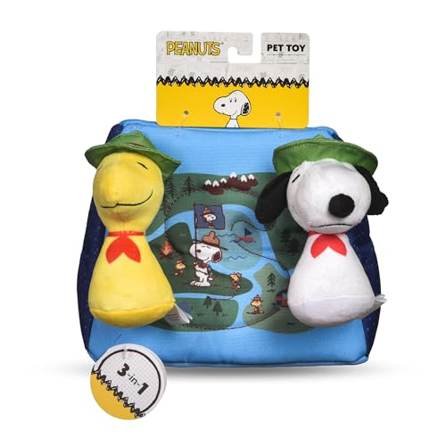 Peanuts for Pets 3-teiliges interaktives Hundespielzeug-Set, Burrow Toy, Snoopy & Woodstock Mini Plushes mit Quietschgeräusch & Abenteurerzelt mit Knisterfunktion, ideal für kleine bis große Hunde von Peanuts for Pets