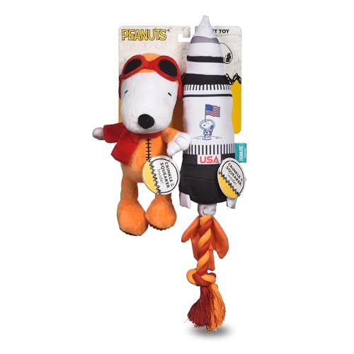 Peanuts for Pets Space Explorer Snoopy Plüsch und Raketenschiff Seil Zerren Hundespielzeug Set Quietschendes Welpenspielzeug Stofftier Ideal für Hundegeburtstag Kleine und Große Hunde von Peanuts for Pets