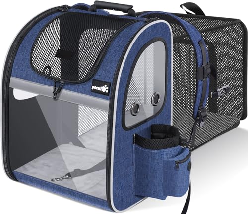 pecute Haustier Rucksüke für Hund und Katze mit Front Opening Transparente Fenstertaschen,Tragbare und Erweiterbare Outdoor Faltbarer Raum Tragetasche Blau(maximale Last 6kg) von pecute