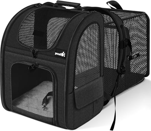 pecute Haustier Expansions Rucksüke für Hund und Katzen mit Front Opening-Mesh Fenstertaschen, Tragbare und Erweiterbare Ourdoor Faltbarer Raum Tragetasche,Schwarz (maximale Geladen 6kg) von pecute