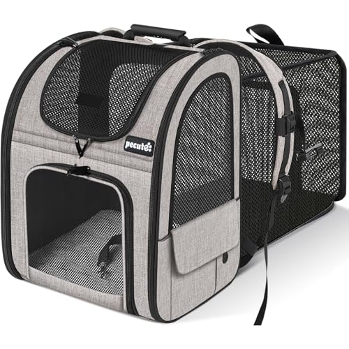 pecute Haustier Expansions Rucksüke für Hund und Katzen mit Front Opening-Mesh Fenstertaschen, Tragbare und Erweiterbare Ourdoor Faltbarer Raum Tragetasche,Leichtes Khaki(maximale Last 6kg) von pecute