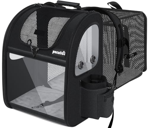 pecute Haustier Rucksüke für Hund und Katzen mit Front Opening Transparente Fenstertaschen,Tragbare und Erweiterbare Outdoor Faltbarer Raum Tragetasche,Schwarz(maximale Last 6kg) von pecute