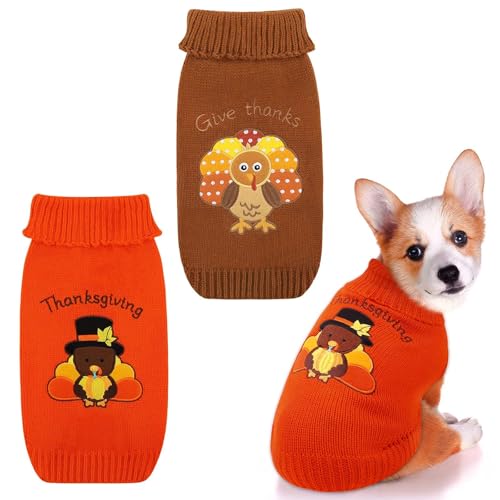 Pedgot 2 Stück Erntedank-Hundepullover Truthahn-Welpen-Kleidung Haustier warme Strickwaren für Thanksgiving, Urlaub, Party, Orange, Braun (Medium) von Pedgot