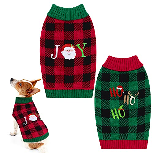 Pedgot 2 Stück Weihnachten Hund Pullover Klassisch Plaid Hund Weihnachten Kleidung Hund Strickwaren Freude HOHOHO Weihnachten Hund Mäntel Kostüm für Haustier Weihnachten Urlaub Winter Tragen (groß) von Pedgot