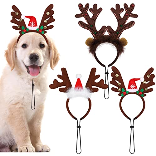 Pedgot Weihnachtliche Haustier-Kopfbedeckung, Haarschleife, braunes Rentiergeweih, Haarschmuck für Hunde, 3 Stück von Pedgot