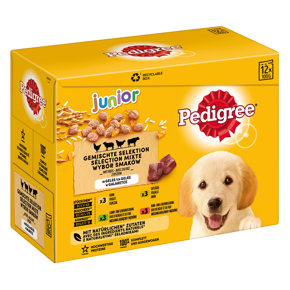 10 + 2 gratis! 12 x 100 g Pedigree Frischebeutel Multipack - Junior Mix in Gelee von Pedigree