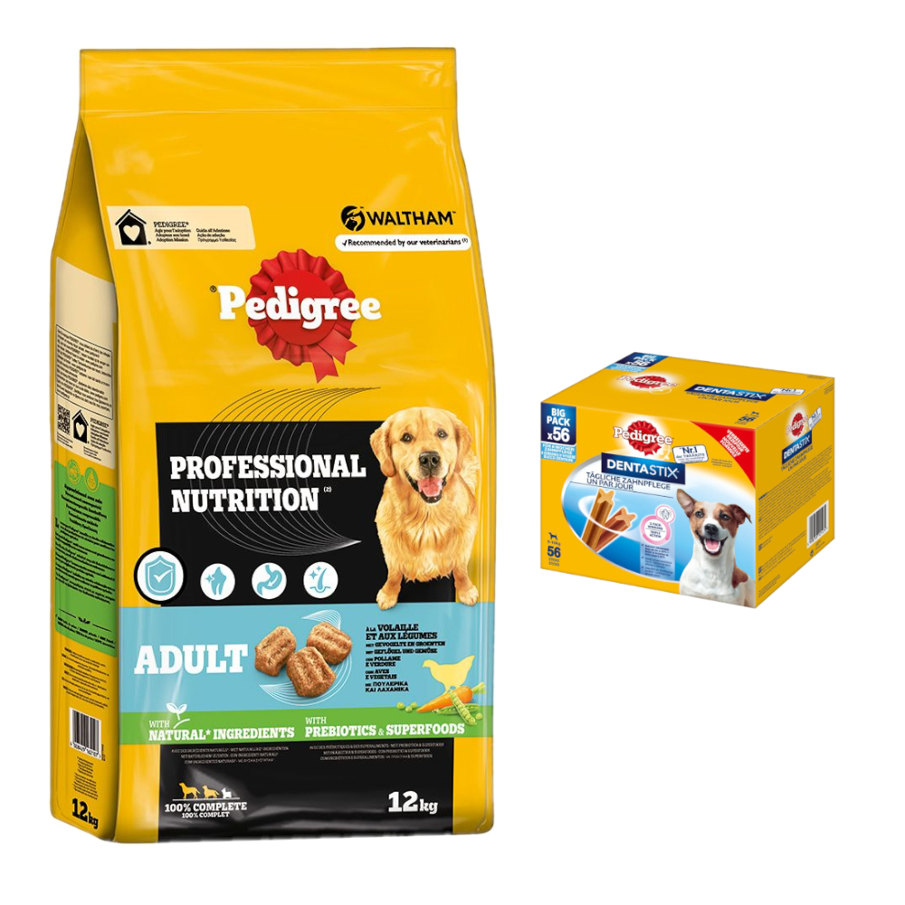 12 kg Pedigree Professional Nutrition Adult + 56 Stück Dentastix zum Sonderpreis!  - mit Geflügel & Gemüse + für kleine Hunde von Pedigree