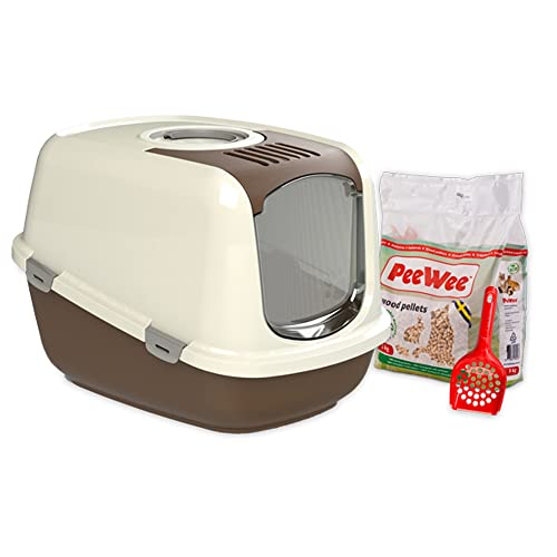 Katzentoilette XXL PeeWee EcoDome Katzenklo mit Haube Katzen WC geschlossen inkl. 3kg Streu Holzpellets, Farbe:Braun-Elfenbein von PeeWee