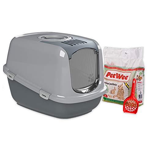 PeeWee Katzentoilette XXL EcoDome Katzenklo mit Haube Katzen WC geschlossen inkl. 3kg Streu Holzpellets, Farbe:Grau von PeeWee