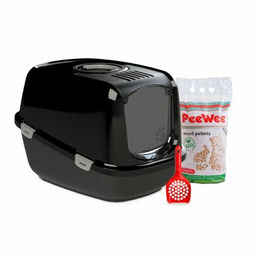 PeeWee Katzentoilette XXL EcoDome Katzenklo mit Haube Katzen WC geschlossen inkl. 3kg Streu Holzpellets, Farbe:Schwarz von PeeWee