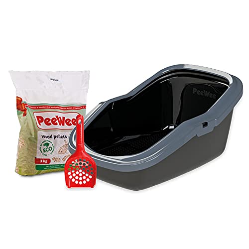 PeeWee Katzentoilette EcoMinor Katzenklo offen Schale Katzen WC inkl. 3kg Streu Holzpellets Pellets, Farbe:Schwarz-Anthrazit von PeeWee