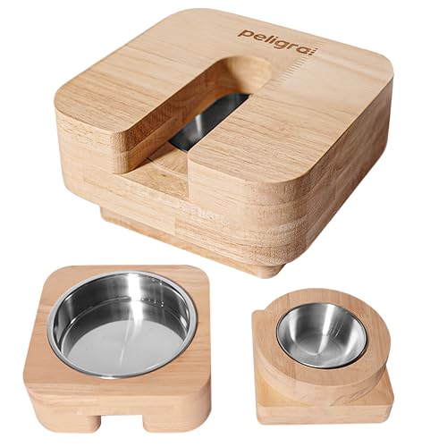 PELIGRAI 3-in-1 Katzen-Futterschale, interaktiver Katzen-Futterspender, einzigartige rutschfeste Futter- und Wassernapf aus Holz (Gummibaumholz) von Peligrai