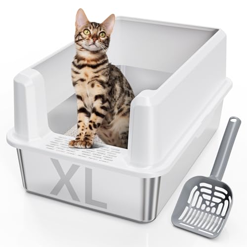 Katzentoilette aus Edelstahl, XL, hohe Seite, halbgeschlossene Katzentoilette für große Katzen, Metall-Katzentoilette mit Schaufel, fleckenfrei, rostig und klebrig, Metall-Kitty-Katzentoilette für von Pematar