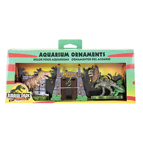 Penn-Plax Jurassic Park Aquarium-Ornament-Set, offiziell lizenziert, 3-teilig, inkl. T-Rex-Parktor und Dilophosaurus-Dekorationen, klein von Penn-Plax