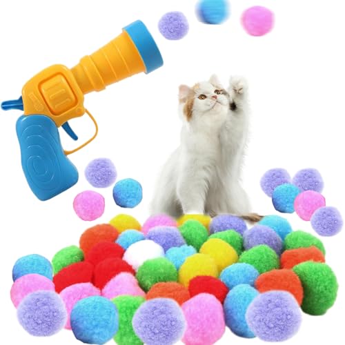 Peosaard Cat Ball Toy Launcher Gun, Katzenbälle Holen Spielzeug mit 50 Katzenpom -Pom -Bällen, interaktiver und Bindungsstress -Relief -Katzenspielzeug für Innenkatzen, Geschenke für Katzenliebhaber von Peosaard