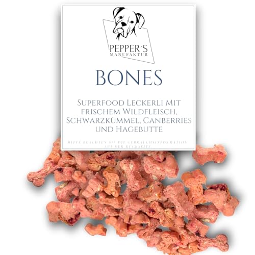 Pepper's Manufaktur Bones, Superfood Leckerli für große Abenteuer! Hundesnacks mit Wildfleisch, Schwarzkümmel, Cranberries und Hagebutte, Natürliche Leckerli. (100g) von Pepper´s Manufaktur