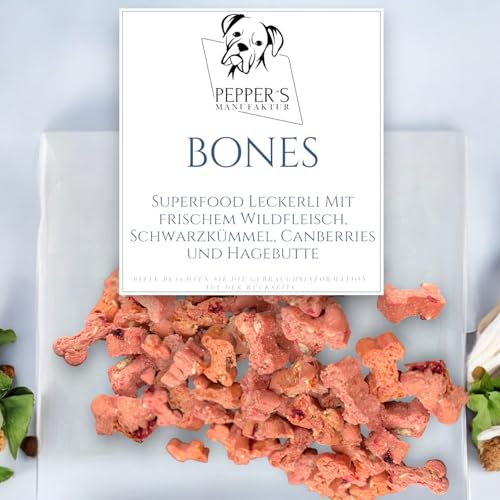 Pepper's Manufaktur Bones, Superfood Leckerli für große Abenteuer! Hundesnacks mit Wildfleisch, Schwarzkümmel, Cranberries und Hagebutte, Natürliche Leckerli. (200g) von Pepper´s Manufaktur