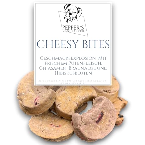 Pepper's Manufaktur Cheesy Bites - Eine gesunde Geschmacksexplosion für Ihren Liebling! Hundeleckerlis mit Putenfleisch, Chiasamen und Hibiskusblüten, Natürliche Zutaten (200g) von Pepper´s Manufaktur