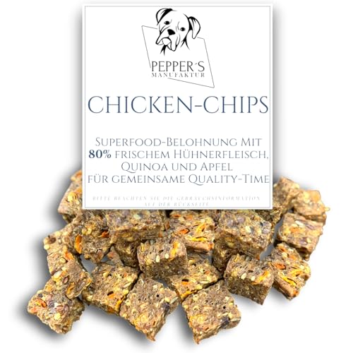 Pepper's Manufaktur Chicken-Chips. Hundesnacks mit 80% frischem Hühnerfleisch, Quinoa und Apfel. Superfood Leckerli für große Abenteuer! Natürliche Leckerli. (500g) von Pepper´s Manufaktur