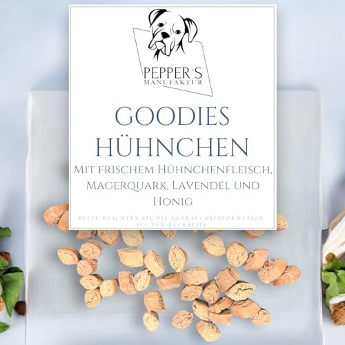 Pepper's Manufaktur Goodies Hühnchen. Hundeleckerli mit frischem Hühnchenfleisch, Magerquark, Lavendel und Honig. Superfood Leckerli für große Abenteuer! Natürliche Leckerli. (100g) von Pepper´s Manufaktur