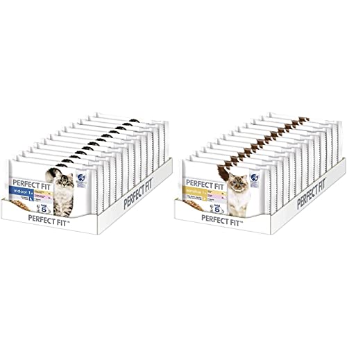 Indoor 1+ – Nassfutter für Erwachsene Hauskatzen ab 1 Jahr 52 x 85 g & Sensitive 1+ – Nassfutter für Erwachsene, Sensible Katzen ab 1 Jahr – Lachs in Sauce & Huhn in Sauce –13 x 4 x 85 g von Perfect Fit Cat