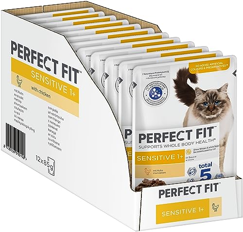 Perfect Fit Sensitive 1+ Katzennassfutter mit Huhn in Sauce, 12 Portionsbeutel, 12x85g – Premium Katzenfutter nass, für sensible Katzen ab 1 Jahr, ohne Weizen & Soja, zur Unterstützung der Verdauung von Perfect Fit