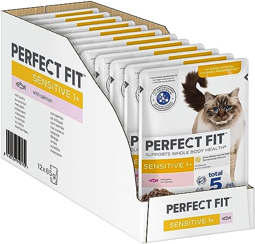 Perfect Fit Sensitive 1+ – Nassfutter für erwachsene, sensible Katzen ab 1 Jahr – Lachs in Sauce – Unterstützt die Verdauung – 12 x 85 g von Perfect Fit