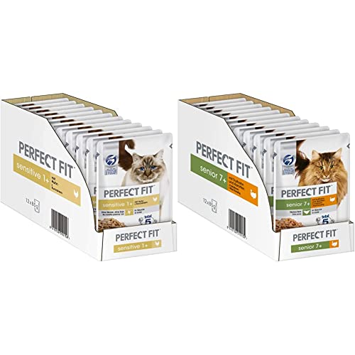 Sensitive 1+ – Nassfutter für Erwachsene, Sensible Katzen ab 1 Jahr – Huhn – 12 x 85 g Senior 7+ – Nassfutter für Katzen ab 7 Jahren – Truthahn und Karotten – 12 x 85 g von Perfect Fit Cat