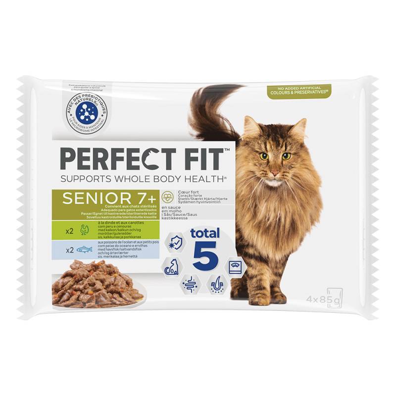 4 x 85 g / 6 x 50 g / 12 x 85 g / 52 x 85 g Perfect Fit zum Sonderpreis! - Sterilised Senior 7+ Mixpack: Truthahn mit Karotten & Weißfisch mit Erbsen (52 x 85 g) von Perfect Fit