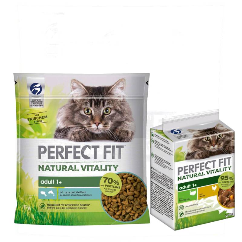 6 x 650 g Perfect Fit Natural Vitality Adult + 6 x 50 g Nassfutter zum Sonderpreis! - 6 x 650 g Lachs & Weißfisch + 6 x 50 g Huhn & Truthahn von Perfect Fit