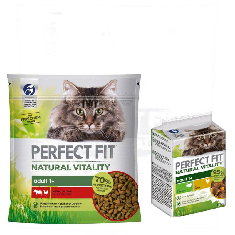 6 x 650 g Perfect Fit Natural Vitality Adult + 6 x 50 g Nassfutter zum Sonderpreis! - 6 x 650 g Rind & Huhn + 6 x 50 g Huhn & Truthahn von Perfect Fit