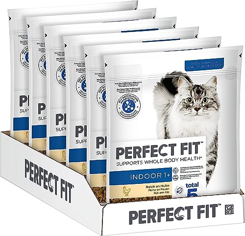 Indoor 1+ Katzentrockenfutter reich an Huhn, 6 Beutel, 6x750g – Premium Katzenfutter trocken für Erwachsene Hauskatzen ab 1 Jahr, zur Unterstützung der Vitalität von Perfect Fit