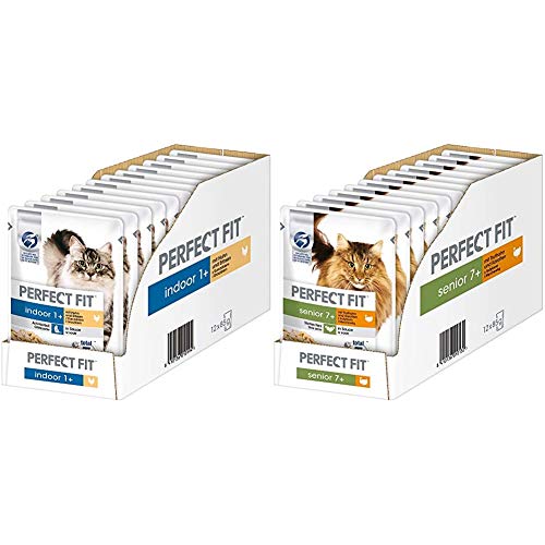 Indoor 1+ – Nassfutter für Erwachsene Hauskatzen ab 1 Jahr – Huhn und Erbsen in Sauce – 12 x 85 g & Katzenfutter Nassfutter Senior 7+ mit Truthahn & Karotten in Sauce, 12 Portionsbeutel von Perfect Fit