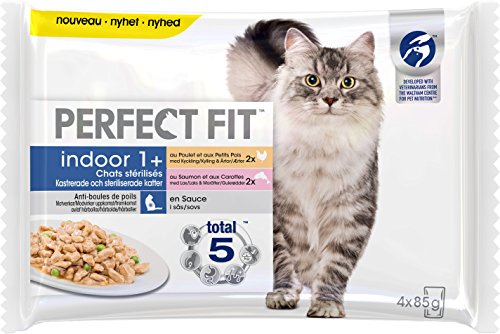 Indoor Sachets Fraîcheur Pour Chat d'Intérieur Stérilisé – Nourriture en Sauce 2 variétés – Saumon et Poulet – 4x85g - Lot de 13 von Perfect Fit