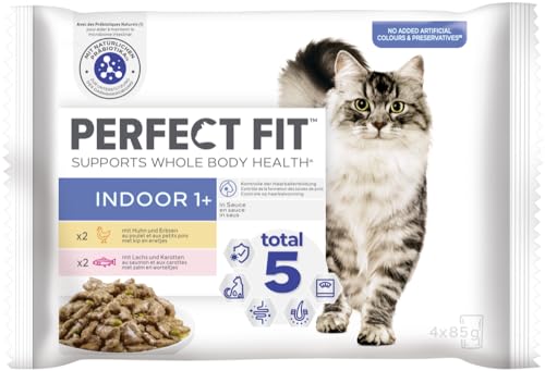 Katze Portionsbeutel Indoor 1+ mit Huhn und Erbsen und mit Lachs und Karotten 1 x 4 x 85g von Perfect Fit
