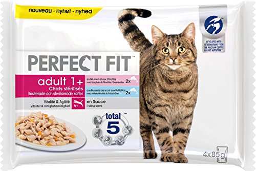 Katzenfutter für ausgewachsene Katzen, sterilisiert – 52 Frischebeutel (13 Packungen à 4 x 85 g) – Nassfutter für Katzen in Sauce mit Lachs/Weißfisch – Komplette & ausgewogene Nahrung von Perfect Fit