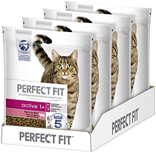 Perfect Fit Active 1+ – Trockenfutter für erwachsene, aktive Katzen ab 1 Jahr – Reich an Rind – Unterstützt die Vitalität – 4 x 1,4 kg von Perfect Fit