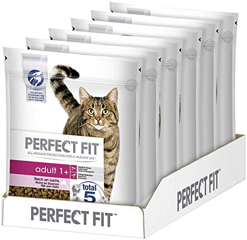 Perfect Fit Adult 1+ – Trockenfutter für erwachsene Katzen ab 1 Jahr – Reich an Lachs – Unterstützt die Vitalität – 6 x 750 g von Perfect Fit