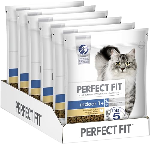 Perfect Fit Indoor 1+ Katzentrockenfutter reich an Huhn, 6 Beutel, 6x750g – Premium Katzenfutter trocken für erwachsene Hauskatzen ab 1 Jahr, zur Unterstützung der Vitalität von Perfect Fit