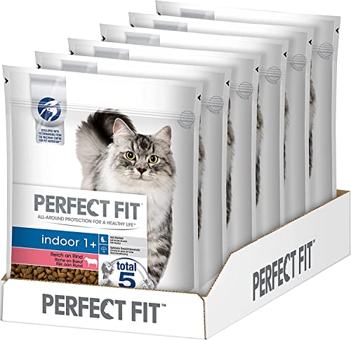 Perfect Fit Indoor 1+ – Trockenfutter für erwachsene Hauskatzen ab 1 Jahr – Reich an Rind – Unterstützt die Vitalität – 6 x 750 g von Perfect Fit