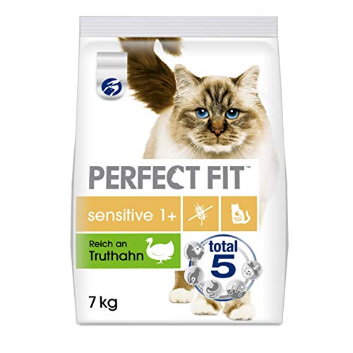 Perfect Fit Sensitive 1+ Katzentrockenfutter reich an Truthahn, 7kg (1 Beutel) – Premium Katzenfutter für erwachsene, sensible Katzen ab 1 Jahr, ohne Weizen & Soja, zur Unterstützung der Verdauung von Perfect Fit