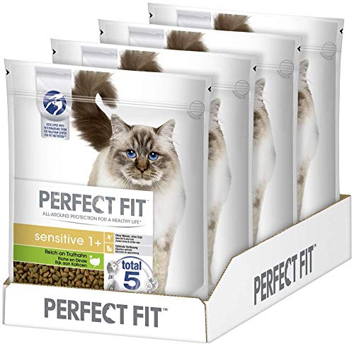 Perfect Fit Sensitive 1+ – Trockenfutter für erwachsene, sensible Katzen ab 1 Jahr – Reich an Truthahn – Ohne Weizen und Soja – Unterstützt die Verdauung – 4 x 1.4 kg von Perfect Fit