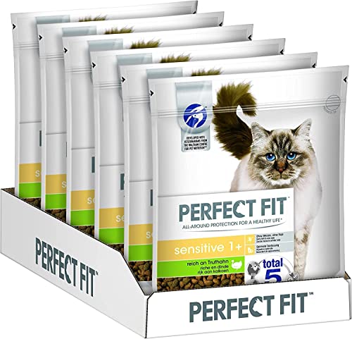 Perfect Fit Sensitive 1+ – Trockenfutter für erwachsene, sensible Katzen ab 1 Jahr – Reich an Truthahn – Ohne Weizen und Soja – Unterstützt die Verdauung – 6 x 750 g von Perfect Fit