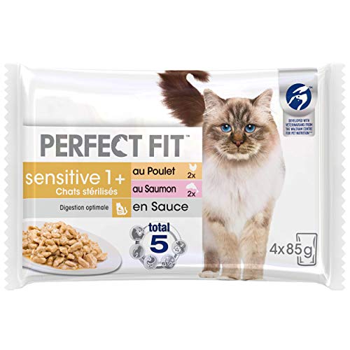 Sensitive 1+ Frischebeutel für ausgewachsene Katzen, sterilisiert, erfüllt die spezifischen Bedürfnisse Einer sterilisierten Katze, reich an Huhn und Lachs, 52 Beutel à 85 g von Perfect Fit