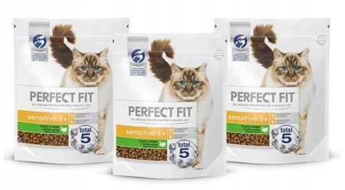 Sensitive 1+ – Trockenfutter für Erwachsene, Sensible Katzen ab 1 Jahr – Reich an Truthahn – Ohne Weizen und Soja – Unterstützt die Verdauung – 3 x 750 g von Perfect Fit