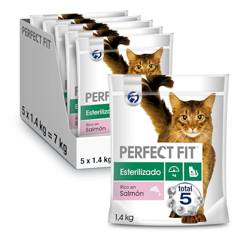 Trockenfutter für ausgewachsene Katzen, sterilisiert, reich an Lachs, 5 Beutel mit je 1,4 kg – komplettes & ausgewogenes Futter für die Erhaltung der Vitalität und Beweglichkeit von Perfect Fit