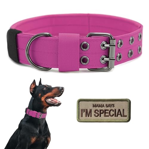 Taktisches Hundehalsband, Militär, verstellbar, weiches Nylon, Trainingshalsband mit Aufnäher, robuste Metallschnalle, Halsbänder für mittelgroße und große Hunde (L, Rosa) von Periflowin