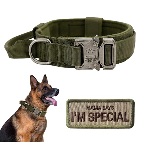 Taktisches Hundehalsband mit Griff, Militär, verstellbares Hundehalsband, weiches Nylon und robuste Metallschnalle für mittelgroße und große Hunde, mit Patch (Grün, L) von Periflowin